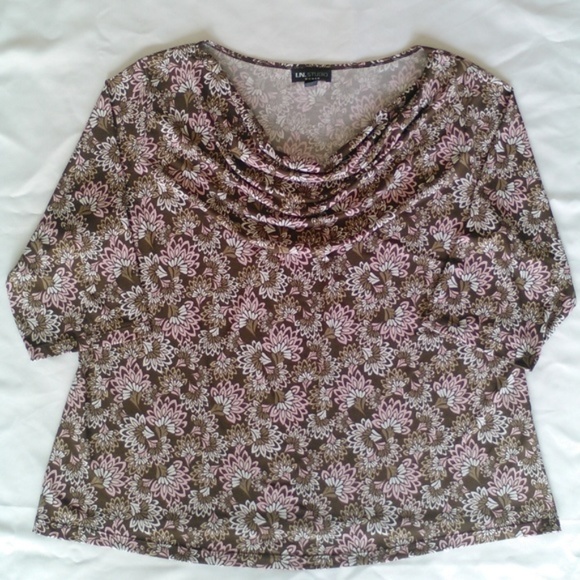 Floral Paisley Cowl Neck 3/4 Sleeve Draped Blouse IN Studios Stretchy 1X Pretty - Picture 1 of 7